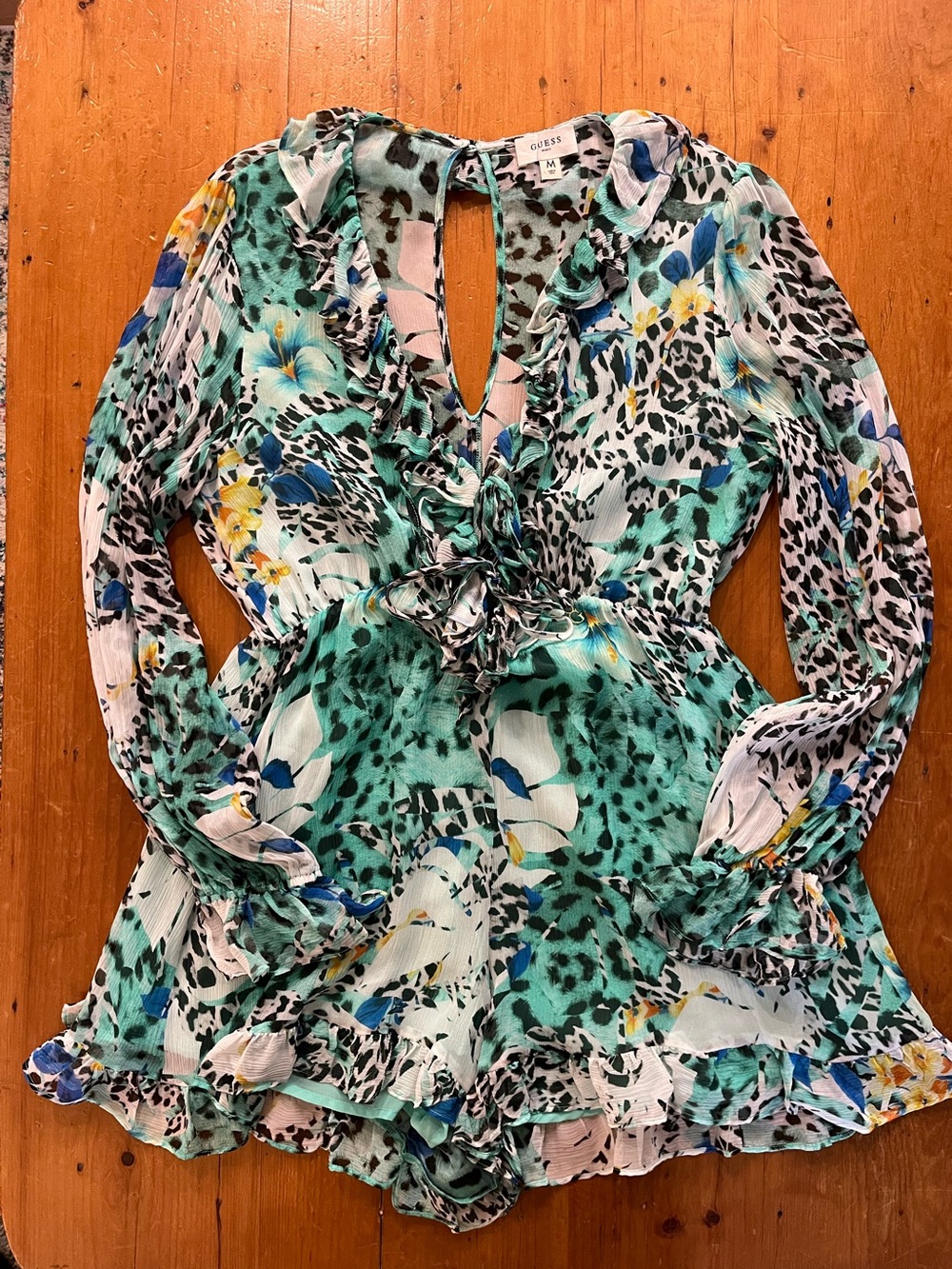 Guess Beach 100% Silk Ruffled Romper White Turquoise Animal Print Floral